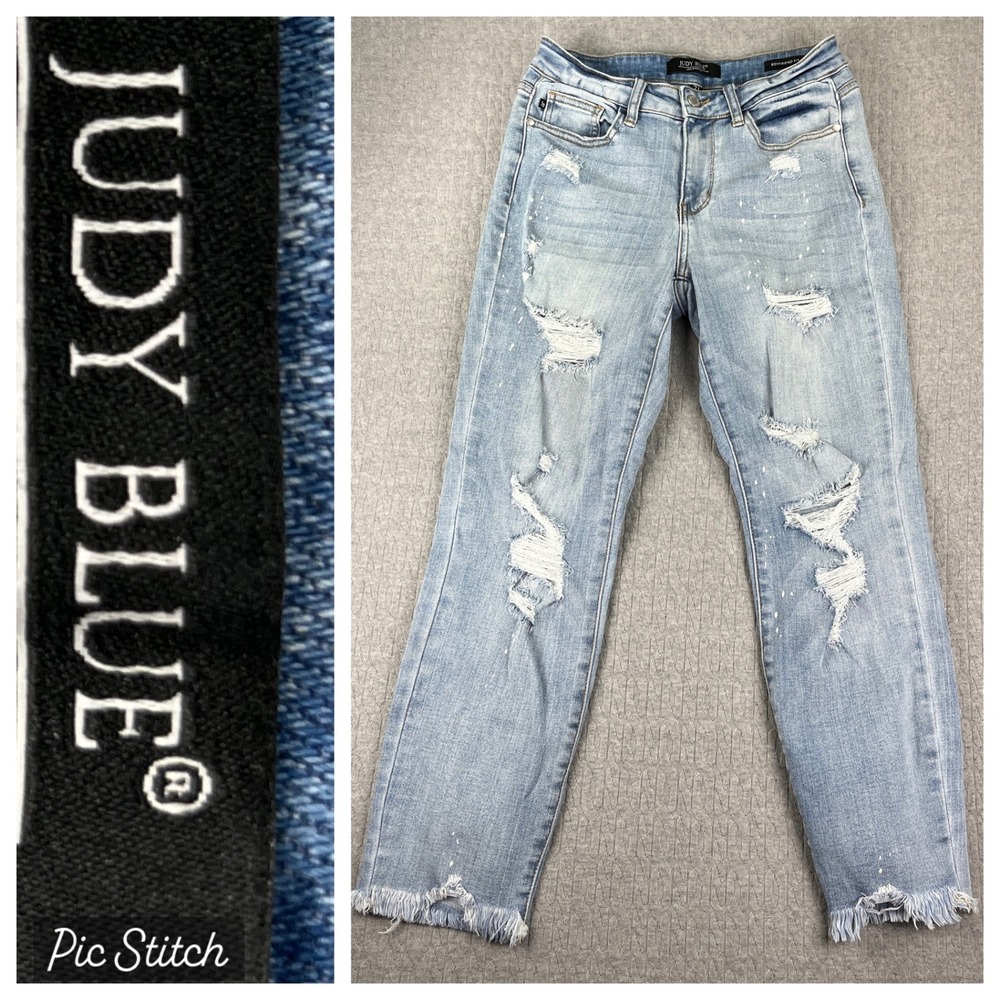 Judy Blue Boyfriend Jeans Women 27 X28 high-rise Light Wash Blue Distressed Torn